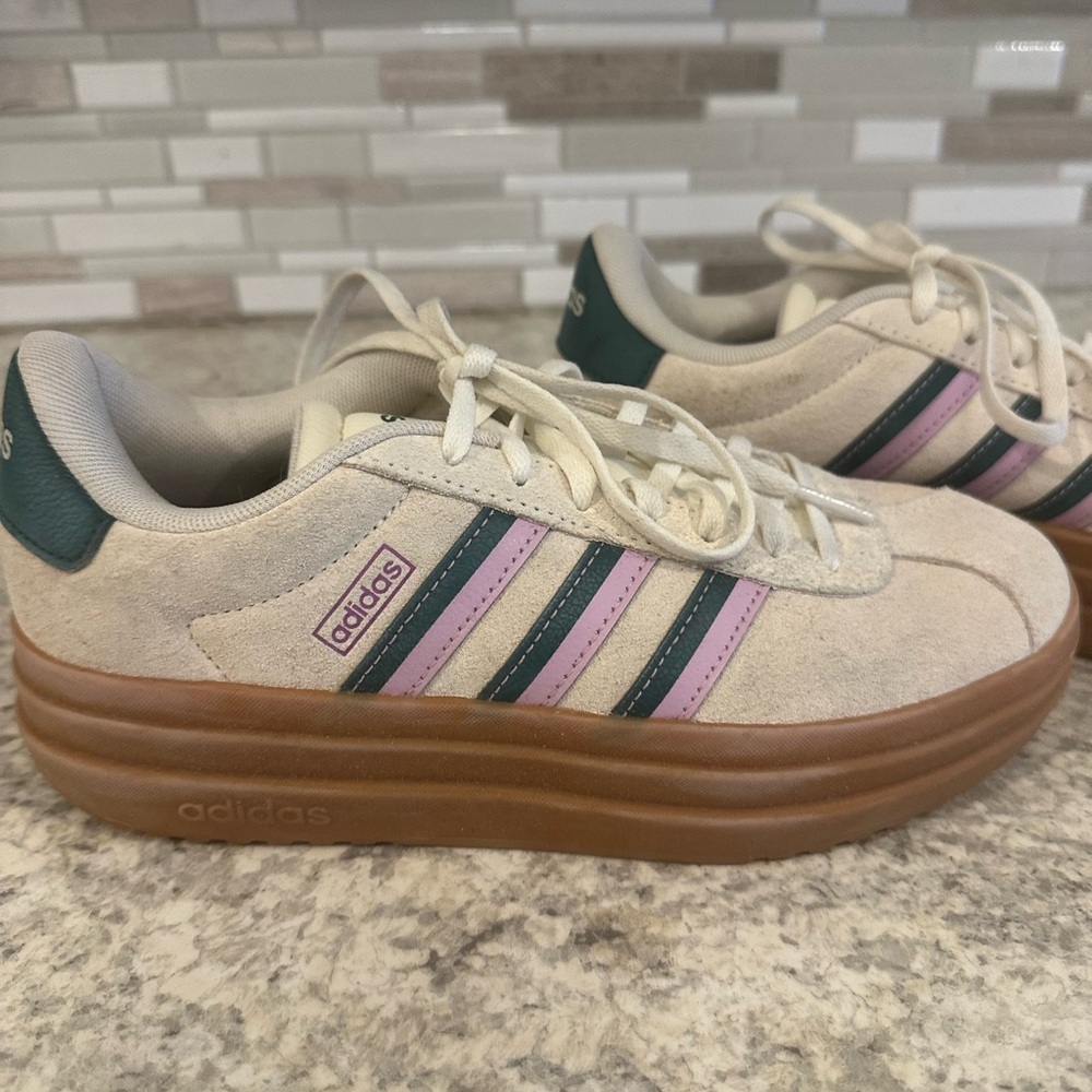Adidas Off-White Sneakers with Purple and Teal Stripes